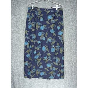 Vintage Rena Rowan Maxi Skirt 14W Blue Floral Straight Lined Slit Modest 90s